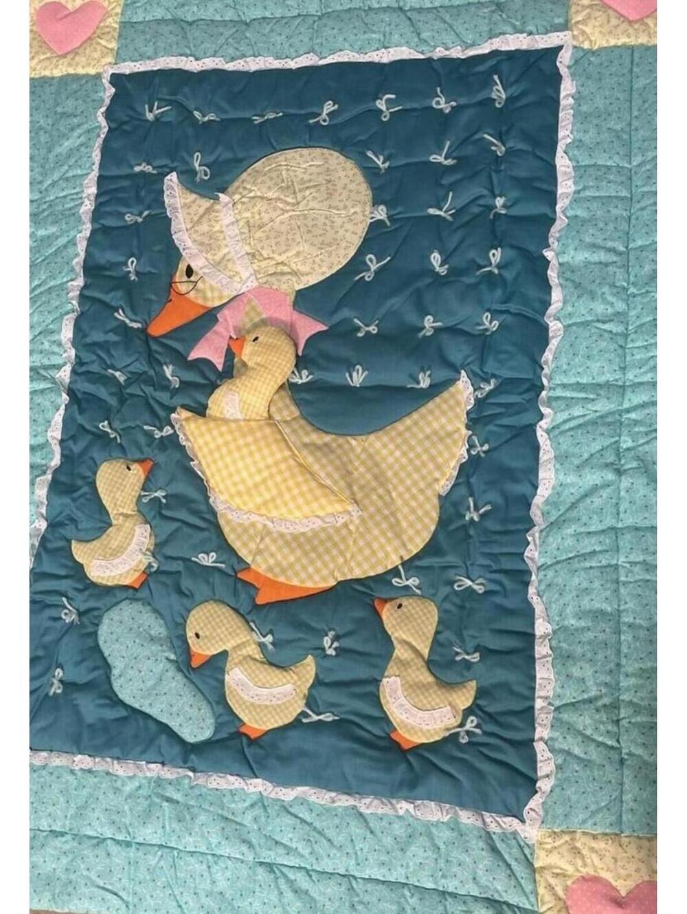 Vintage Mother Goose Baby Quilt Blanket Lace Handmade Floral Cottagecore Granny